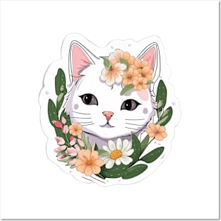 Floral Cat Botanical Plant Flower Cat Lover Posters and Art